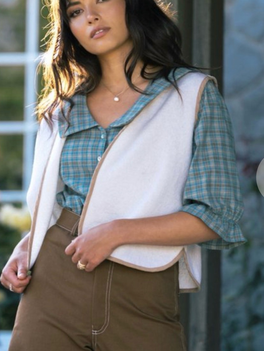 Harly Jae Cream Wool Jones Vest with Brown Trim